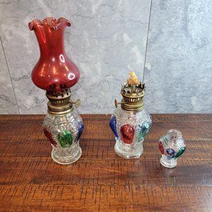 Vintage 1950s Ruby Red Chimney Multi-color Base Oil Lamp 8.25" Made in Hong Kong